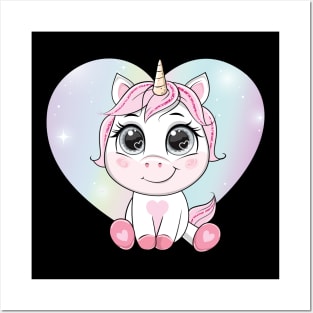 cartoon unicorn rainbow heart shape tshirt Posters and Art